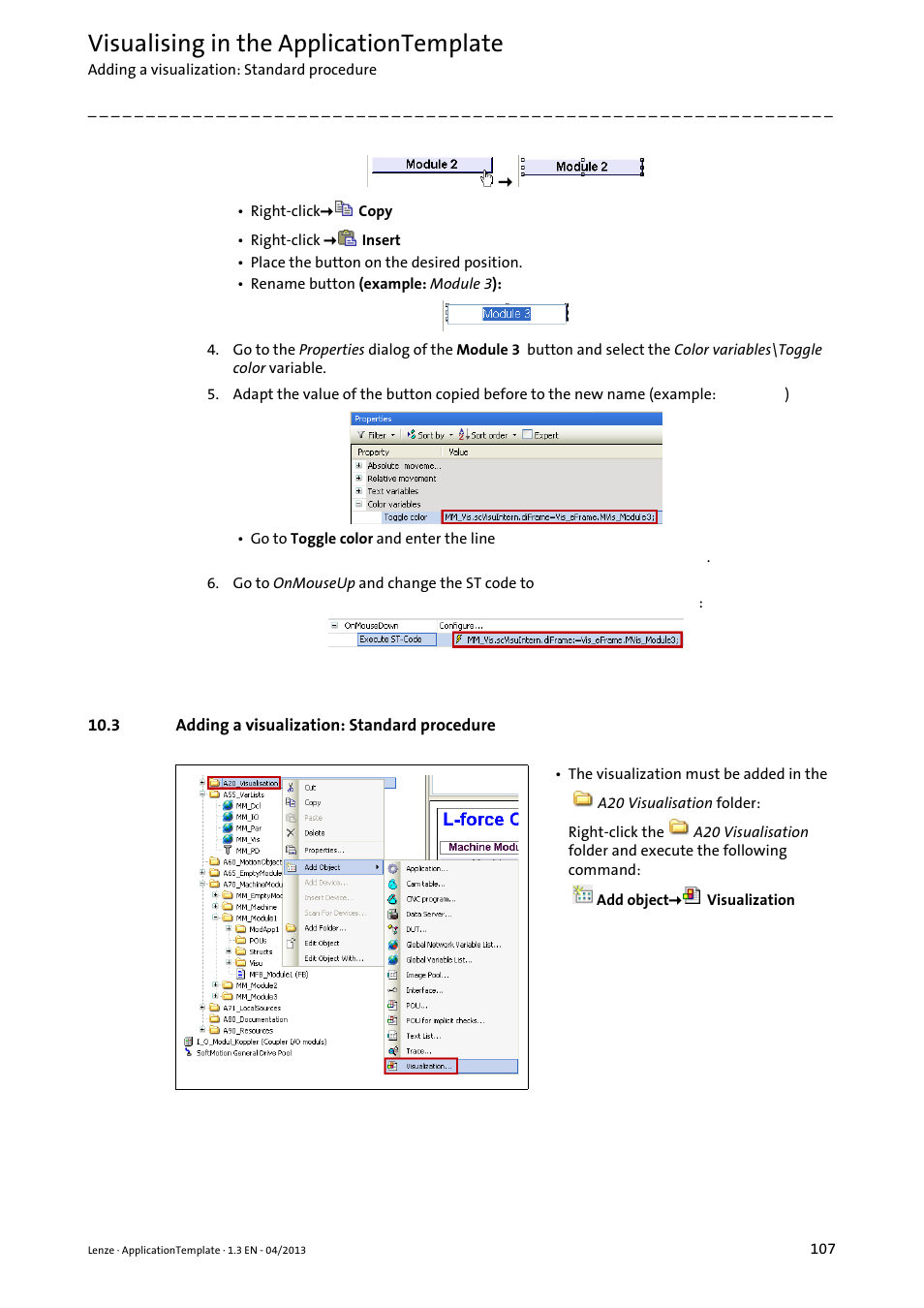 3 adding a visualization: standard procedure, Adding a visualization: standard procedure, Visualising in the applicationtemplate | Lenze PLC Designer ApplicationTemplate (PLC Designer R3-x) User Manual | Page 107 / 177