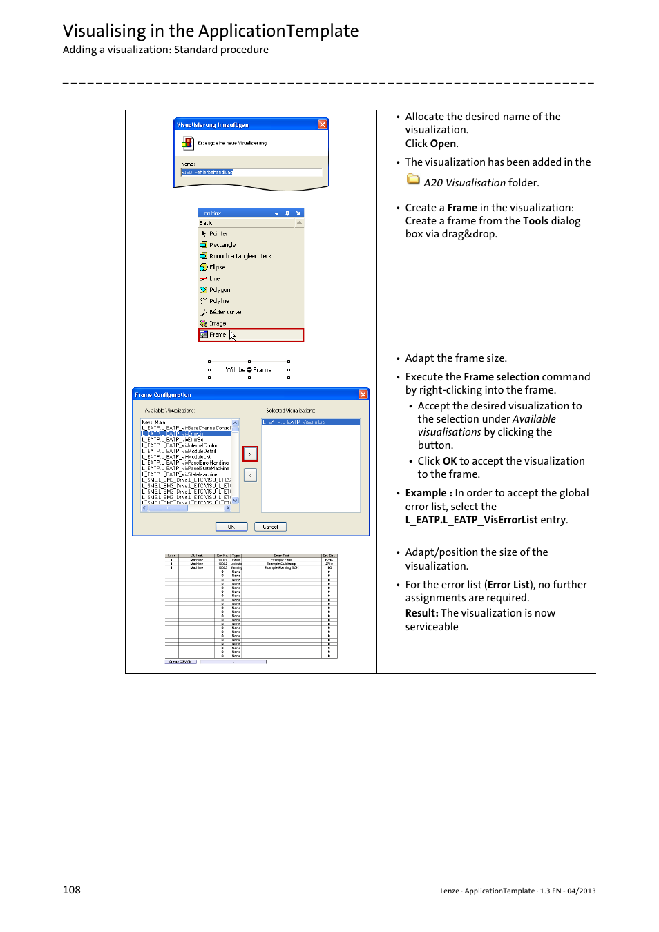 Visualising in the applicationtemplate | Lenze PLC Designer ApplicationTemplate (PLC Designer R3-x) User Manual | Page 108 / 177