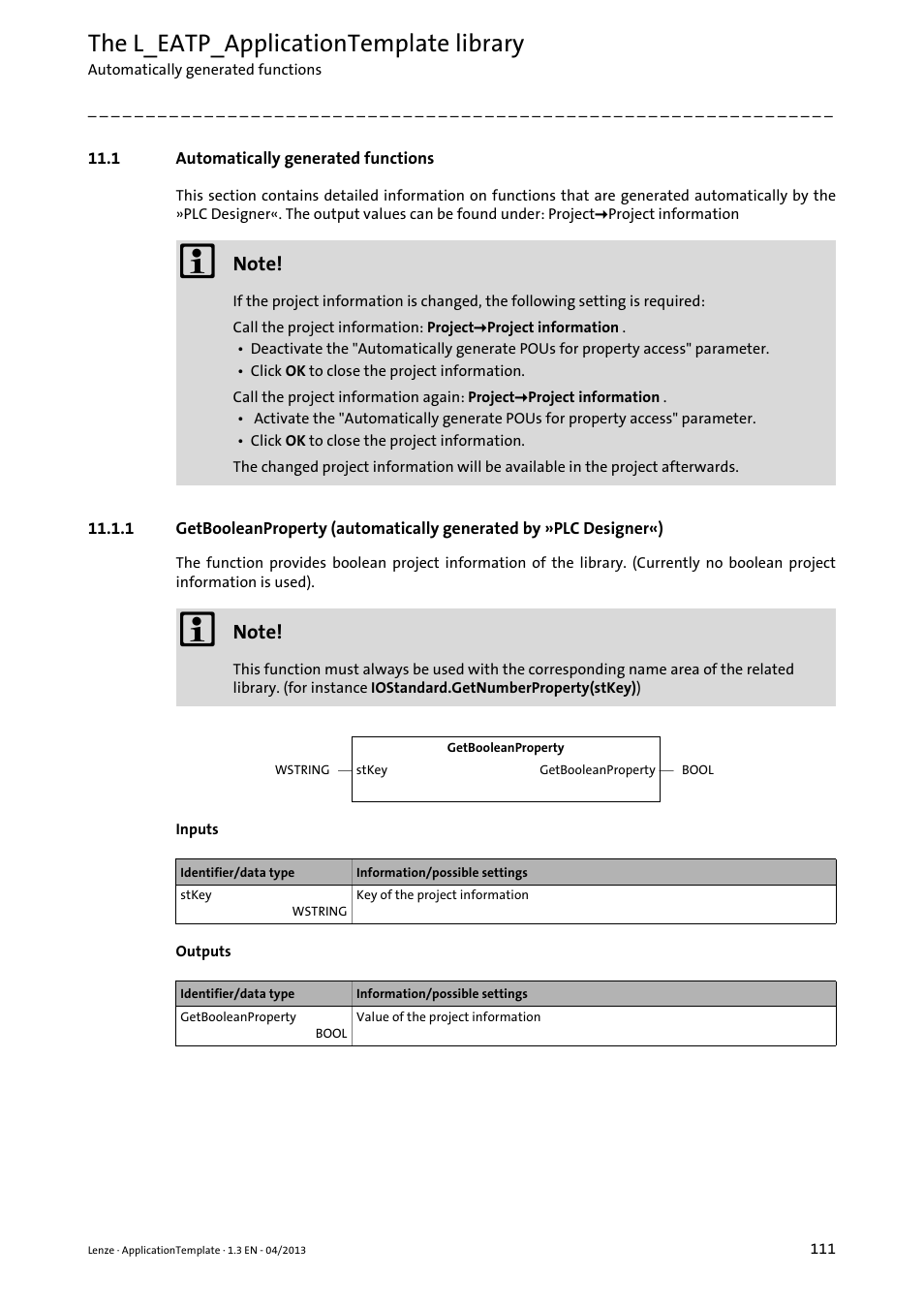 1 automatically generated functions, The l_eatp_applicationtemplate library | Lenze PLC Designer ApplicationTemplate (PLC Designer R3-x) User Manual | Page 111 / 177