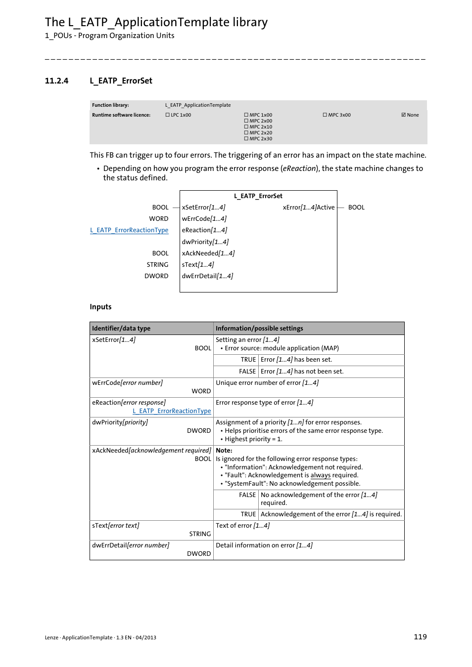 4 l_eatp_errorset, L_eatp_errorset, L_eatp_errorset ( 119) | The l_eatp_applicationtemplate library | Lenze PLC Designer ApplicationTemplate (PLC Designer R3-x) User Manual | Page 119 / 177