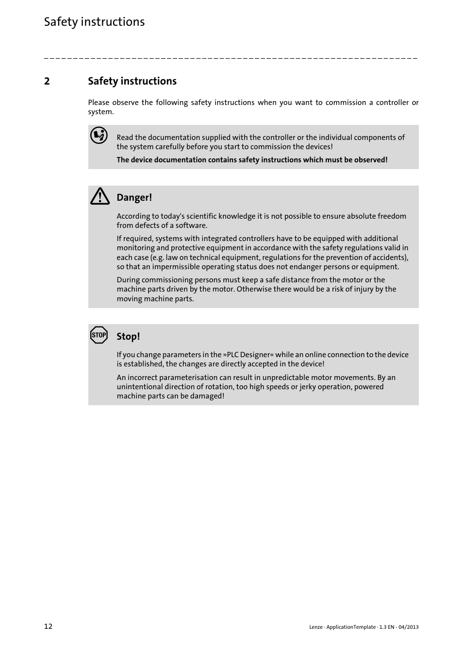 2 safety instructions, Safety instructions | Lenze PLC Designer ApplicationTemplate (PLC Designer R3-x) User Manual | Page 12 / 177