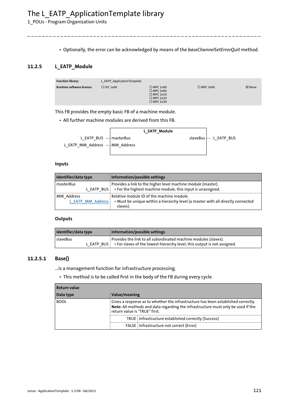 5 l_eatp_module, 1 base(), Base() | L_eatp_module ( 121), The l_eatp_applicationtemplate library | Lenze PLC Designer ApplicationTemplate (PLC Designer R3-x) User Manual | Page 121 / 177