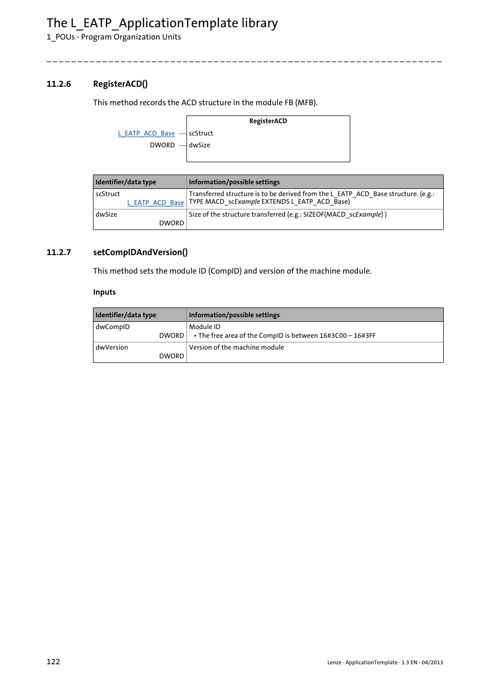 6 registeracd(), 7 setcompidandversion(), The l_eatp_applicationtemplate library | Lenze PLC Designer ApplicationTemplate (PLC Designer R3-x) User Manual | Page 122 / 177