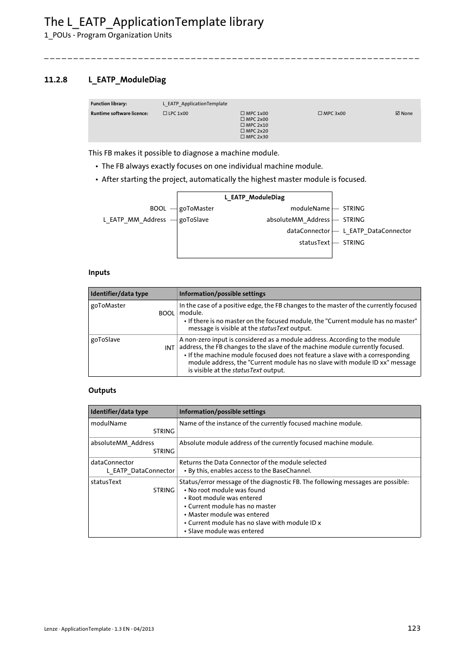 8 l_eatp_modulediag, L_eatp_modulediag ( 123), The l_eatp_applicationtemplate library | Lenze PLC Designer ApplicationTemplate (PLC Designer R3-x) User Manual | Page 123 / 177