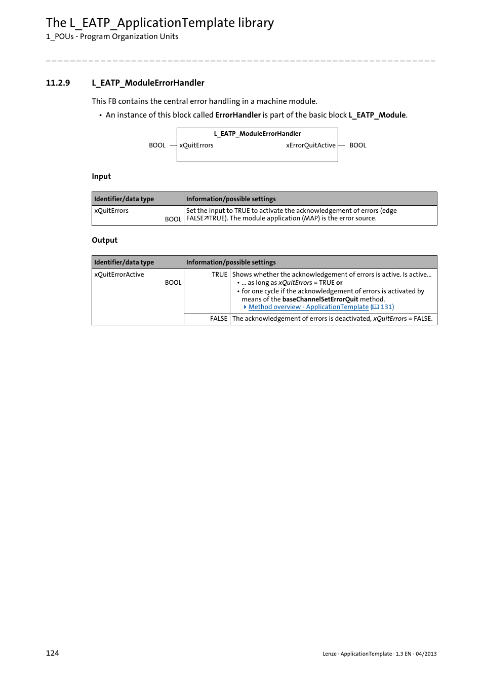 9 l_eatp_moduleerrorhandler, L_eatp_moduleerrorhandler, L_eatp_moduleerrorhandler ( 124) | The l_eatp_applicationtemplate library | Lenze PLC Designer ApplicationTemplate (PLC Designer R3-x) User Manual | Page 124 / 177