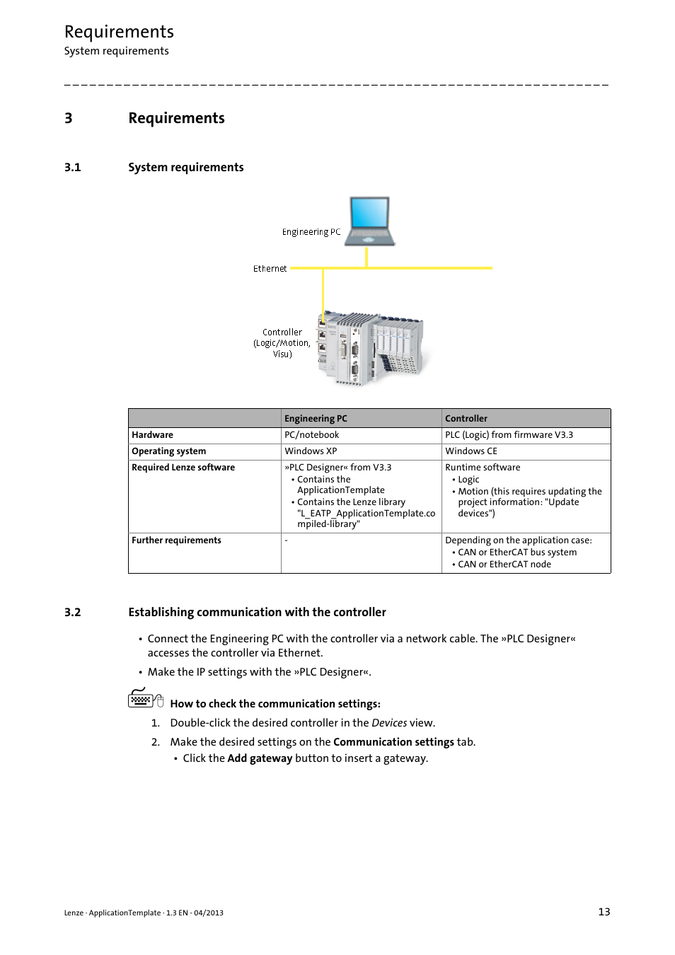 3 requirements, 1 system requirements, 2 establishing communication with the controller | Requirements, System requirements, Establishing communication with the controller, 3requirements | Lenze PLC Designer ApplicationTemplate (PLC Designer R3-x) User Manual | Page 13 / 177