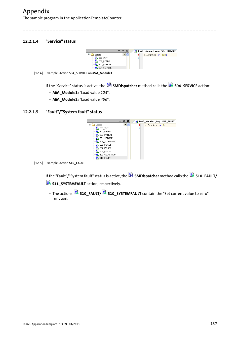 4 "service" status, 5 "fault"/"system fault" status, Service" status | Fault"/"system fault" status, Appendix | Lenze PLC Designer ApplicationTemplate (PLC Designer R3-x) User Manual | Page 137 / 177