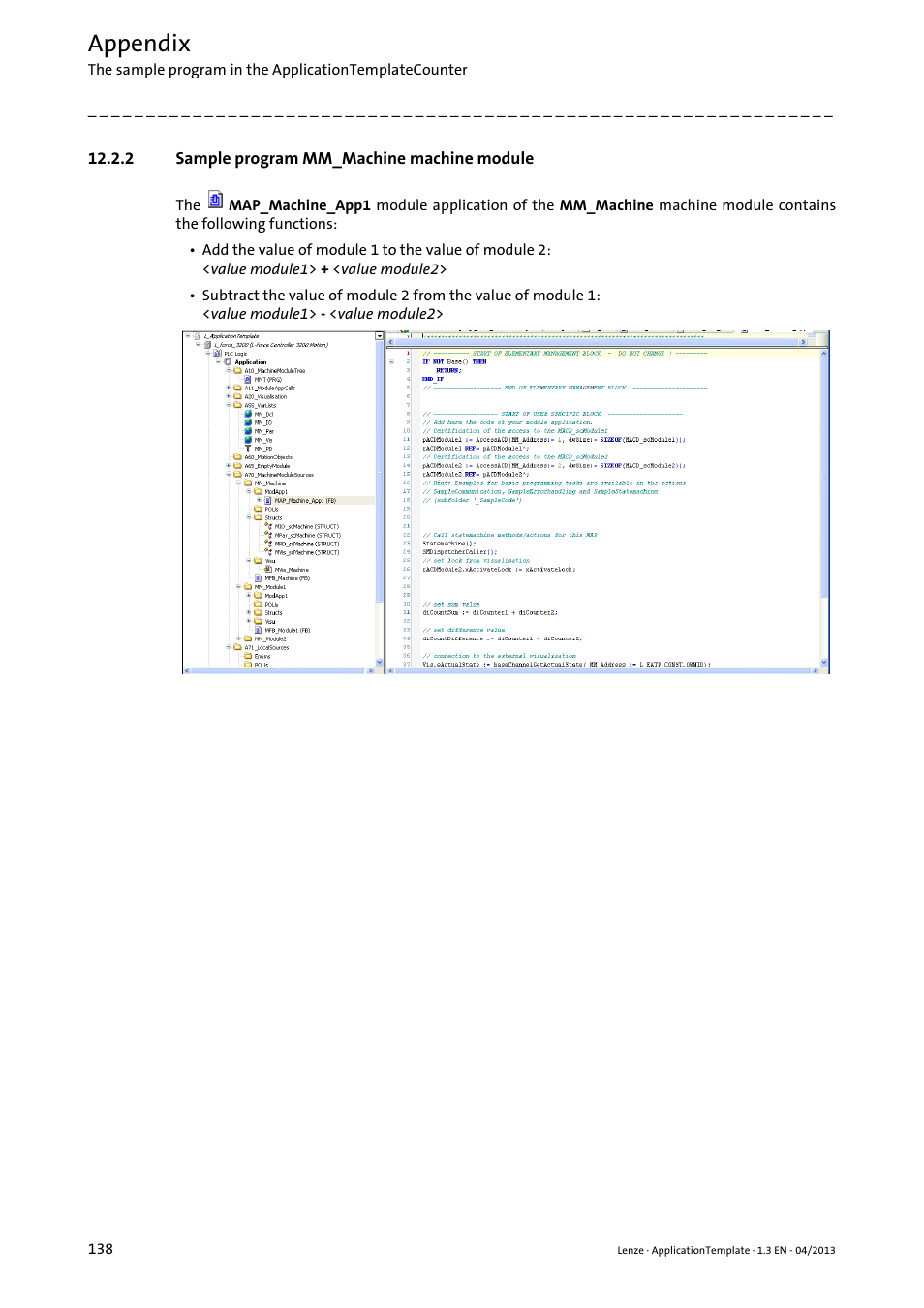 2 sample program mm_machine machine module, Appendix | Lenze PLC Designer ApplicationTemplate (PLC Designer R3-x) User Manual | Page 138 / 177