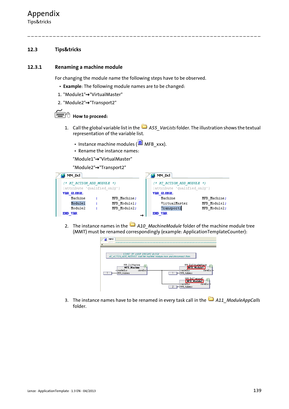 3 tips&tricks, 1 renaming a machine module, Appendix | Lenze PLC Designer ApplicationTemplate (PLC Designer R3-x) User Manual | Page 139 / 177