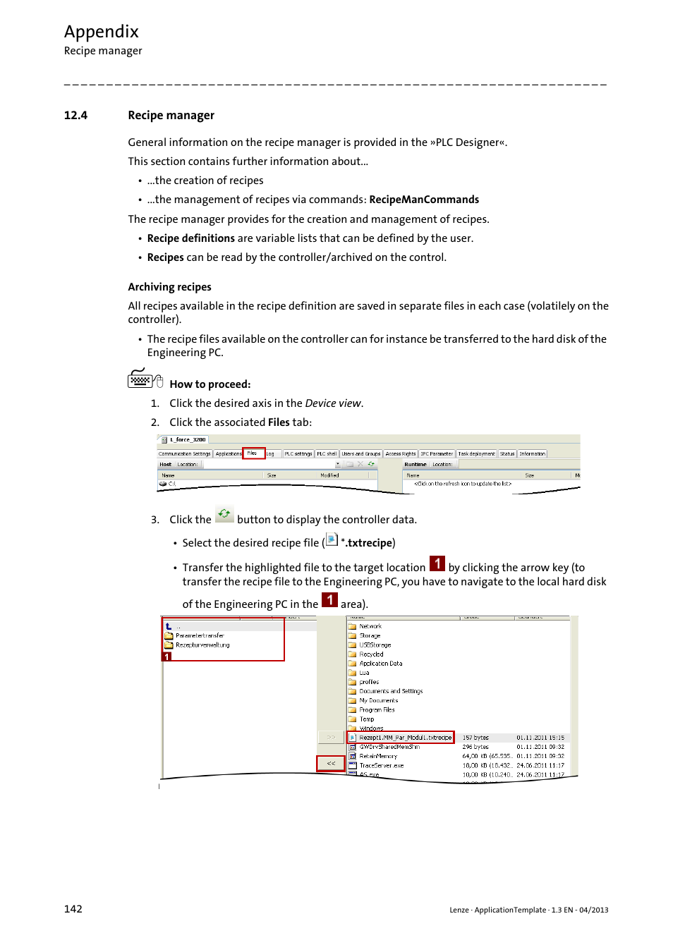 4 recipe manager, Appendix | Lenze PLC Designer ApplicationTemplate (PLC Designer R3-x) User Manual | Page 142 / 177