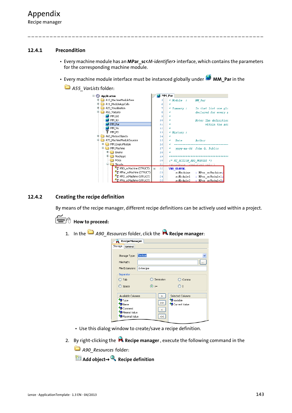 1 precondition, 2 creating the recipe definition, Appendix | Lenze PLC Designer ApplicationTemplate (PLC Designer R3-x) User Manual | Page 143 / 177