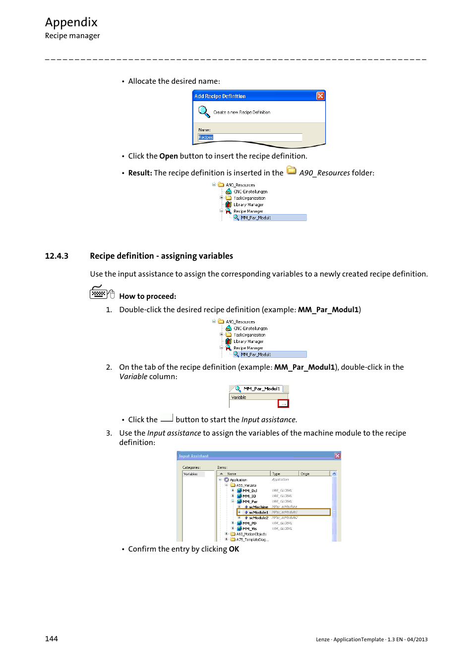 3 recipe definition - assigning variables, Appendix | Lenze PLC Designer ApplicationTemplate (PLC Designer R3-x) User Manual | Page 144 / 177