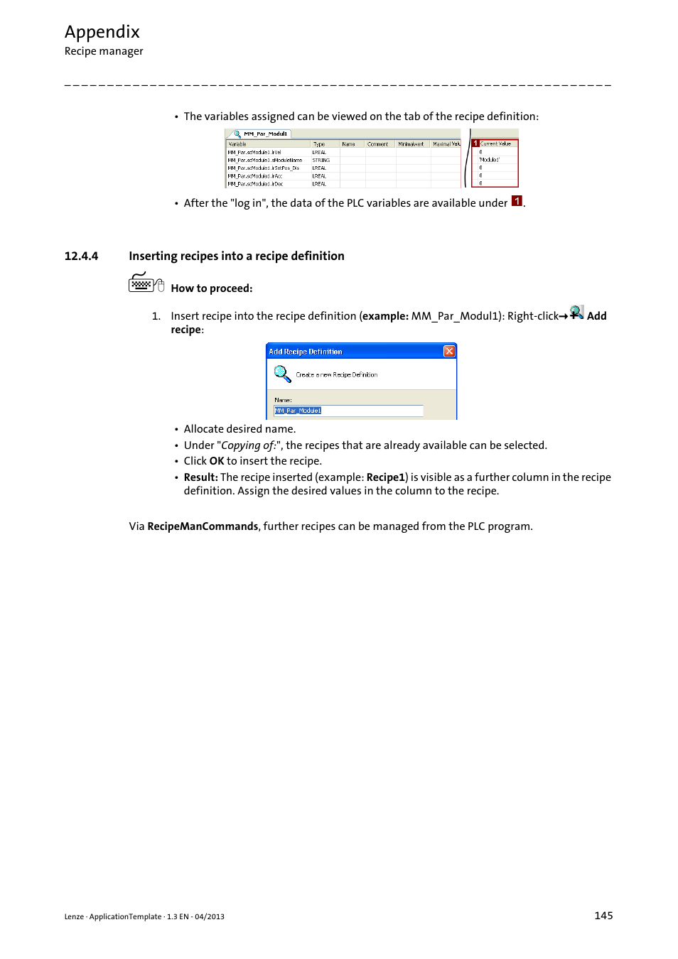 4 inserting recipes into a recipe definition, Appendix | Lenze PLC Designer ApplicationTemplate (PLC Designer R3-x) User Manual | Page 145 / 177