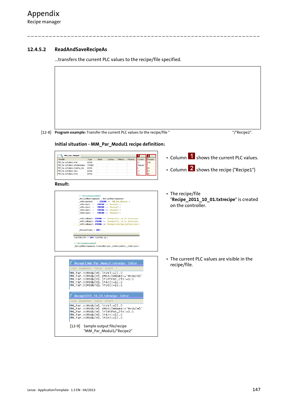 2 readandsaverecipeas, Readandsaverecipeas, Appendix | Lenze PLC Designer ApplicationTemplate (PLC Designer R3-x) User Manual | Page 147 / 177