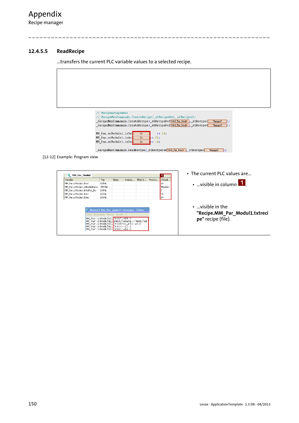 5 readrecipe, Readrecipe, Appendix | Lenze PLC Designer ApplicationTemplate (PLC Designer R3-x) User Manual | Page 150 / 177