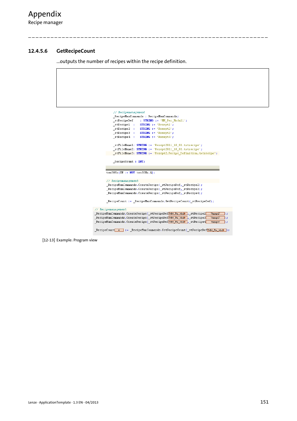 6 getrecipecount, Getrecipecount, Appendix | Lenze PLC Designer ApplicationTemplate (PLC Designer R3-x) User Manual | Page 151 / 177