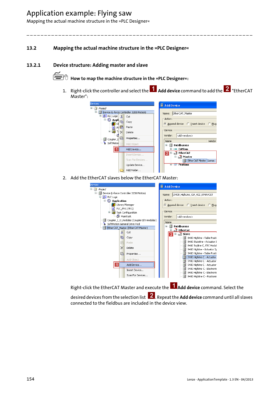 1 device structure: adding master and slave, Application example: flying saw | Lenze PLC Designer ApplicationTemplate (PLC Designer R3-x) User Manual | Page 154 / 177