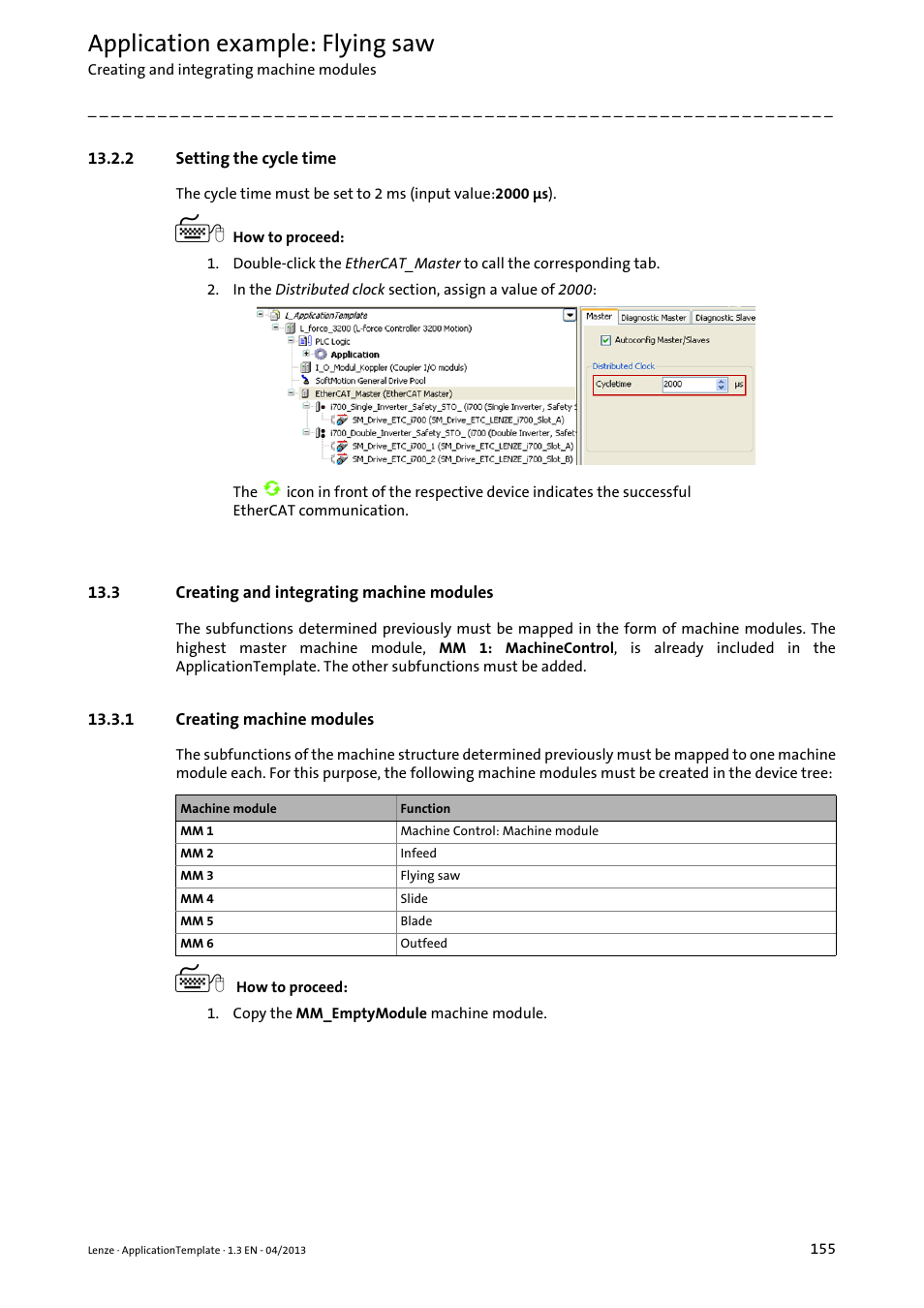 2 setting the cycle time, 3 creating and integrating machine modules, 1 creating machine modules | Creating and integrating machine modules, Application example: flying saw | Lenze PLC Designer ApplicationTemplate (PLC Designer R3-x) User Manual | Page 155 / 177