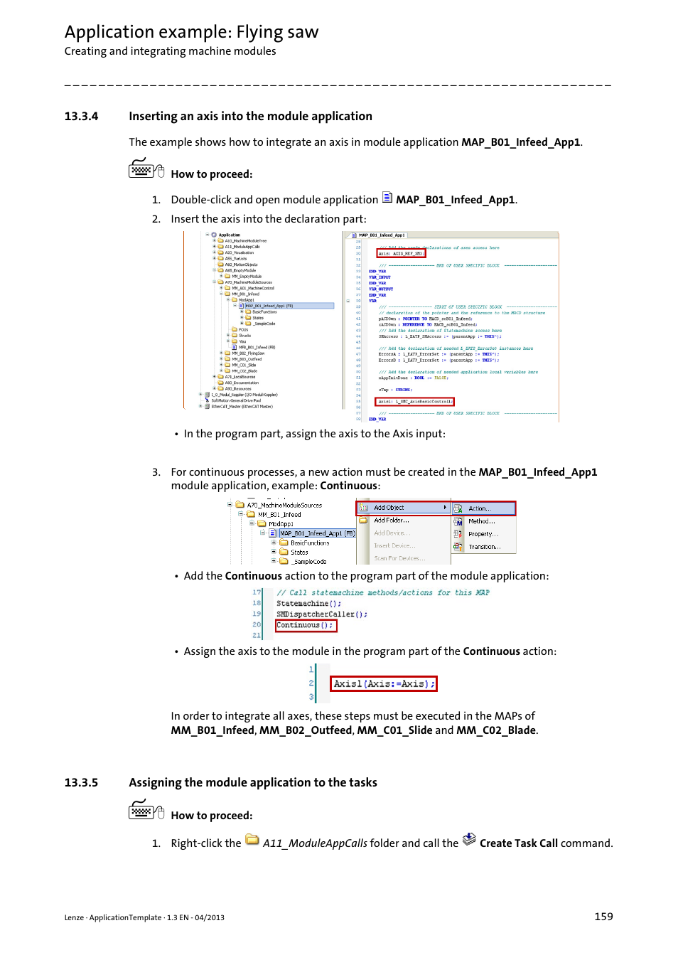 4 inserting an axis into the module application, 5 assigning the module application to the tasks, Application example: flying saw | Lenze PLC Designer ApplicationTemplate (PLC Designer R3-x) User Manual | Page 159 / 177