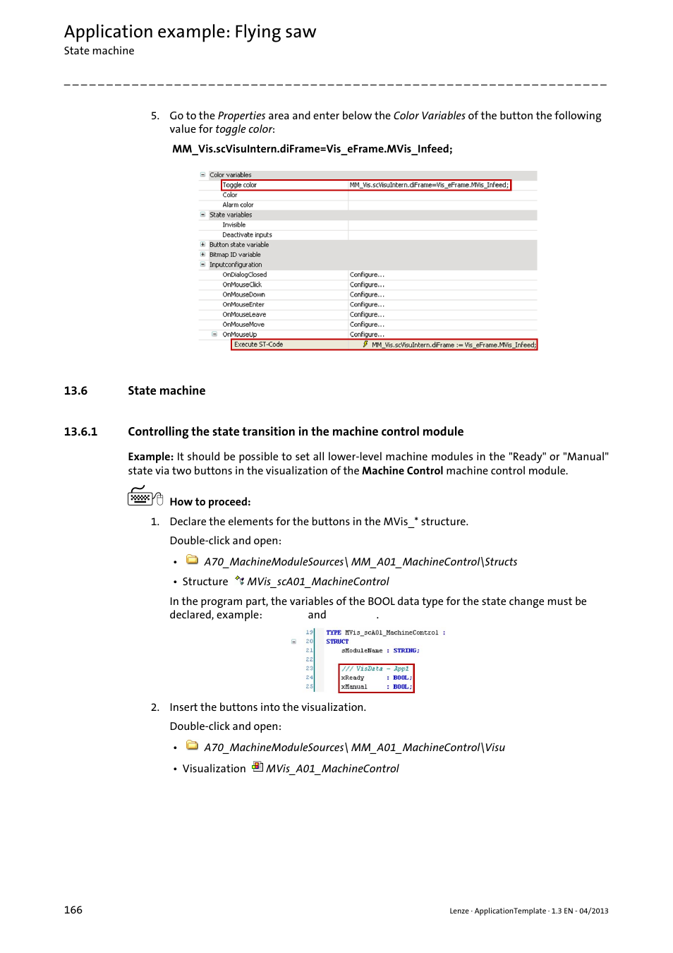 6 state machine, State machine ( 166), Application example: flying saw | Lenze PLC Designer ApplicationTemplate (PLC Designer R3-x) User Manual | Page 166 / 177