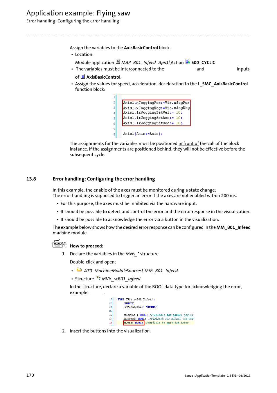 8 error handling: configuring the error handling, Application example: flying saw | Lenze PLC Designer ApplicationTemplate (PLC Designer R3-x) User Manual | Page 170 / 177