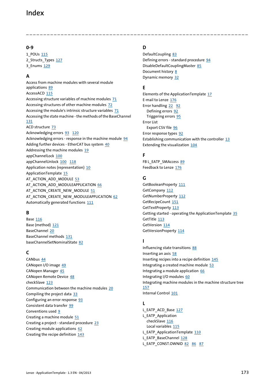 Index | Lenze PLC Designer ApplicationTemplate (PLC Designer R3-x) User Manual | Page 173 / 177