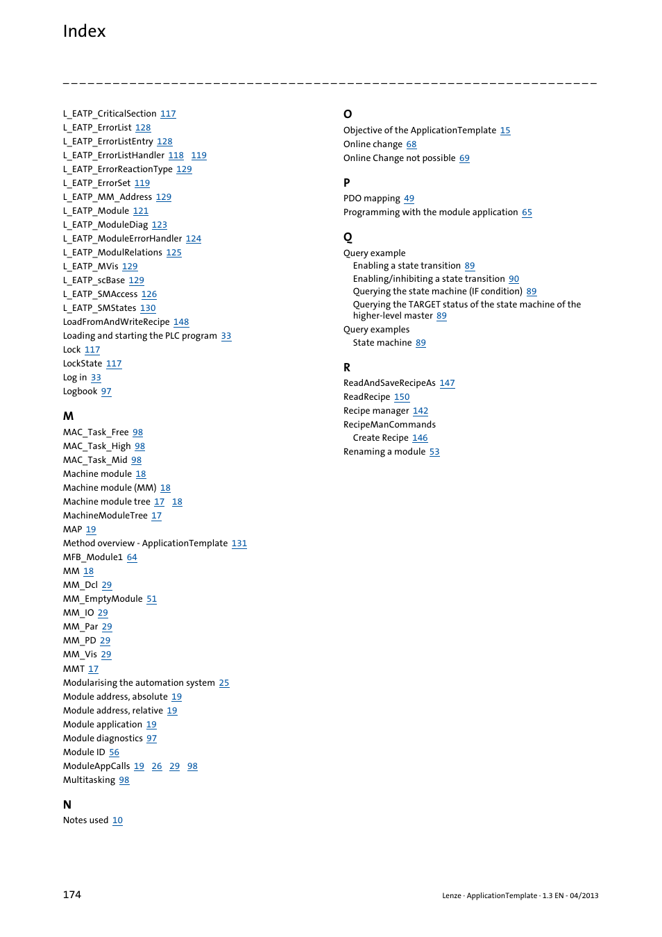 Index | Lenze PLC Designer ApplicationTemplate (PLC Designer R3-x) User Manual | Page 174 / 177