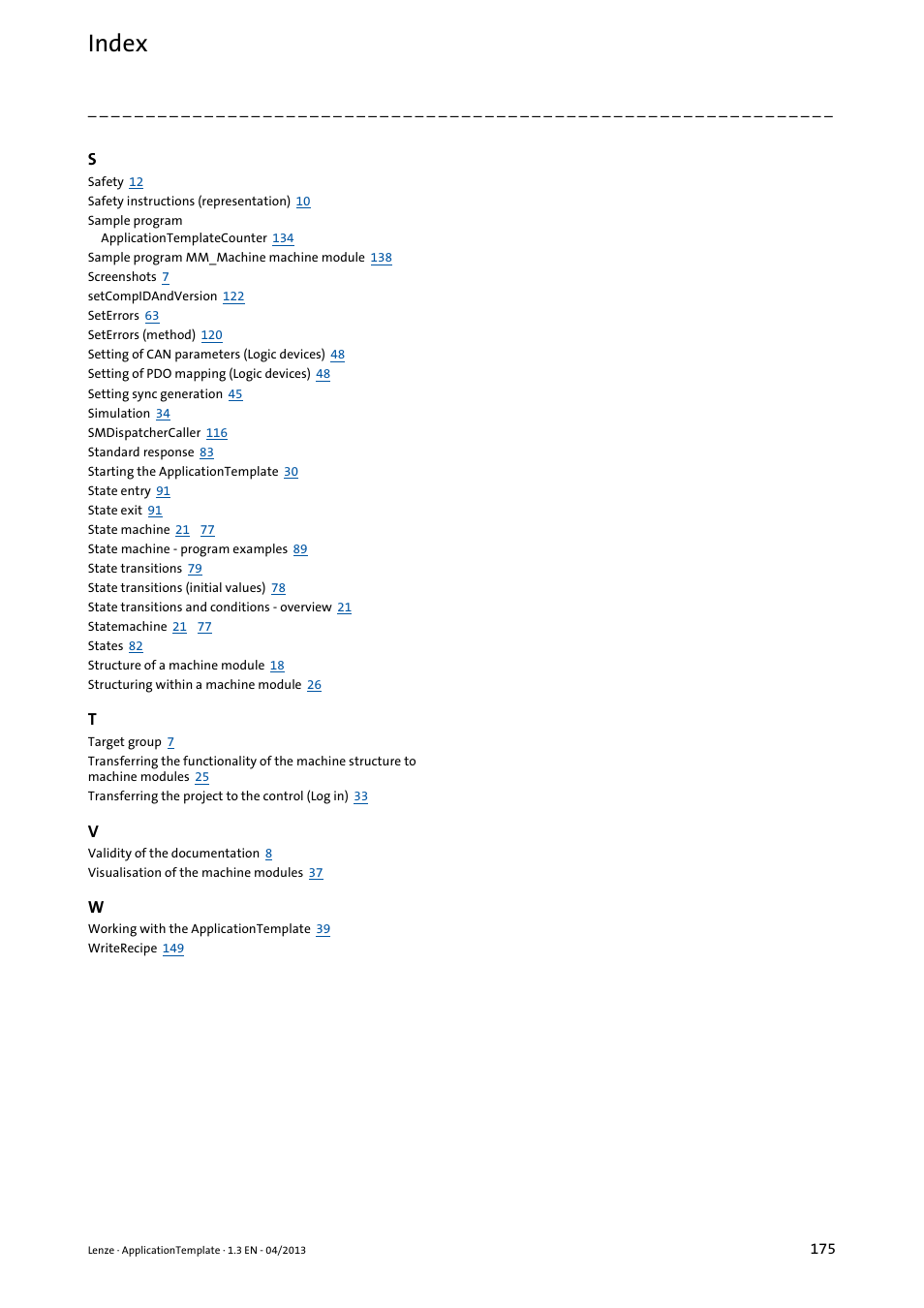 Index | Lenze PLC Designer ApplicationTemplate (PLC Designer R3-x) User Manual | Page 175 / 177