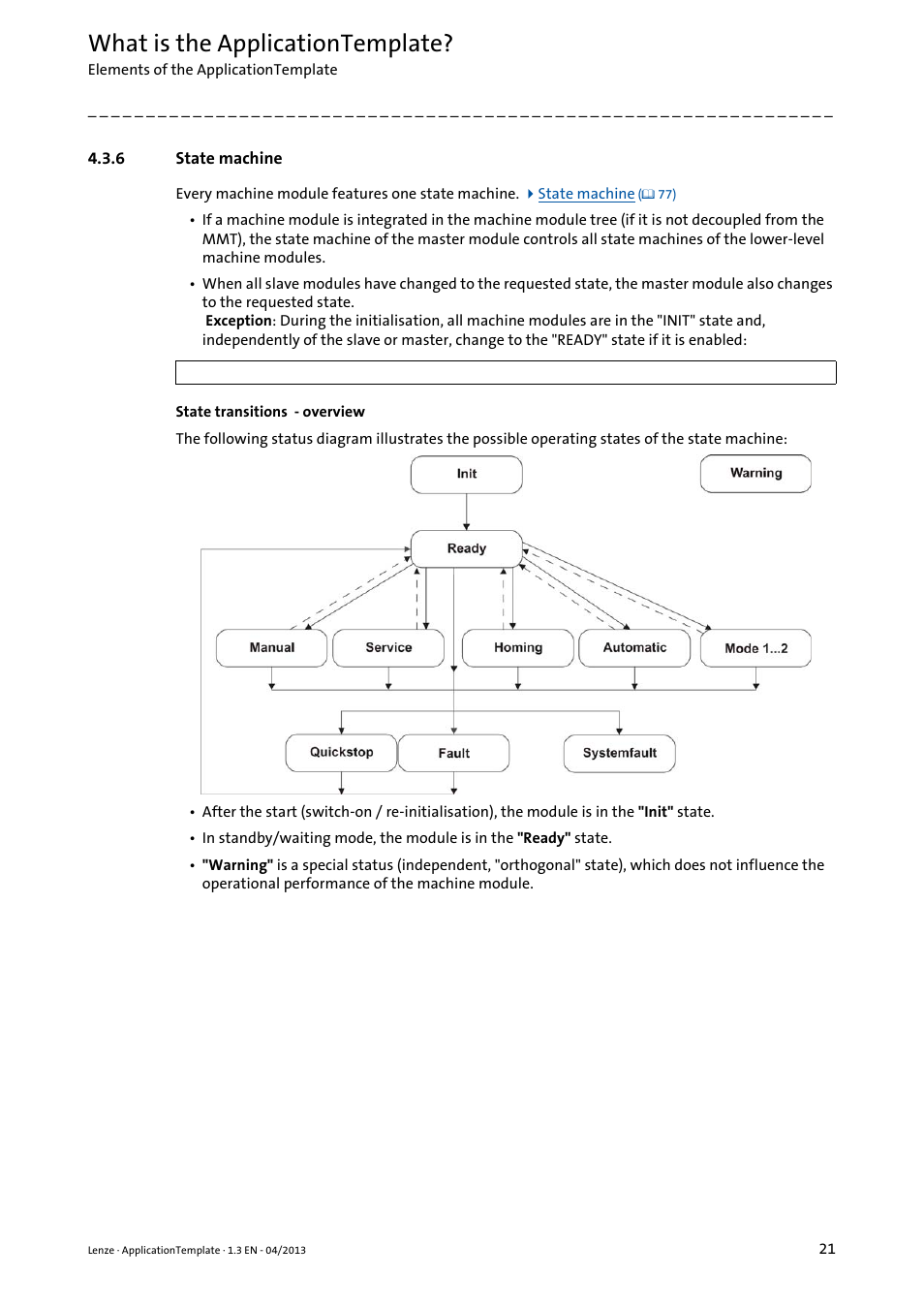 6 state machine, State machine, What is the applicationtemplate | Lenze PLC Designer ApplicationTemplate (PLC Designer R3-x) User Manual | Page 21 / 177