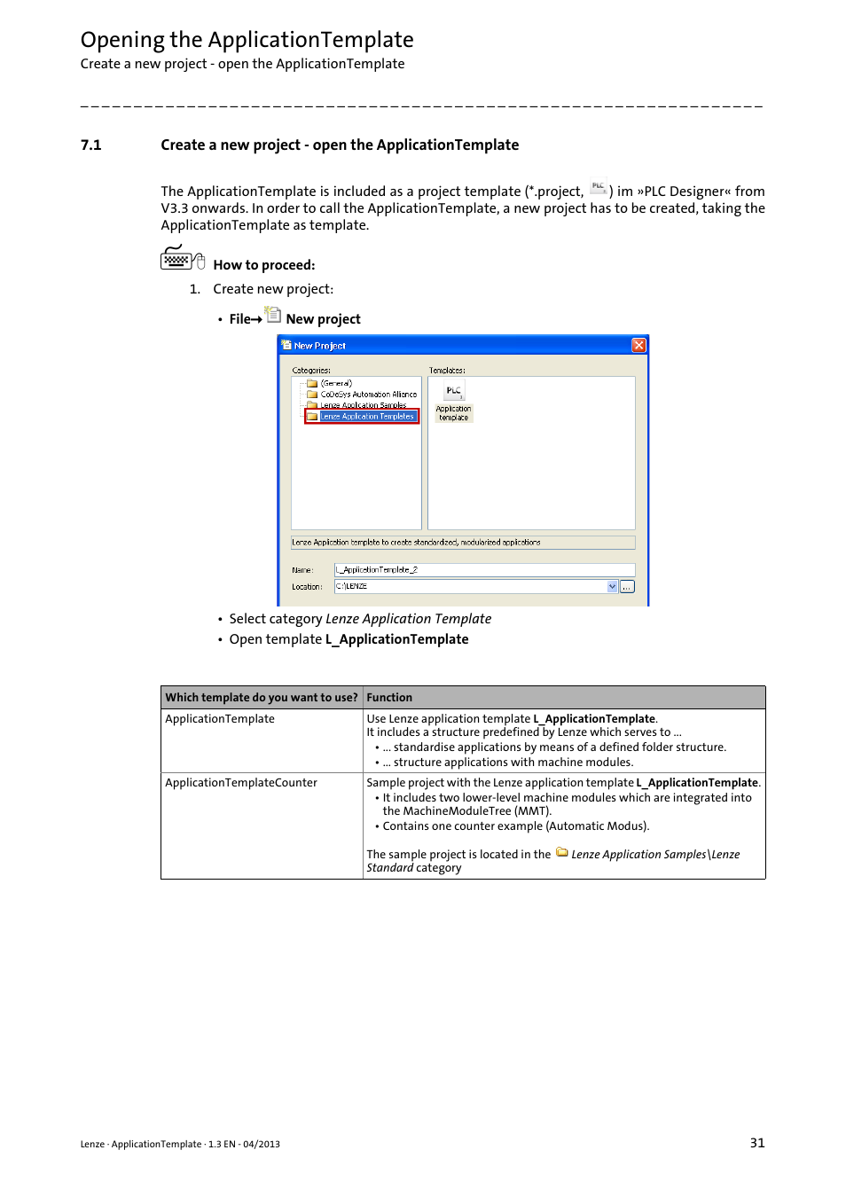 Opening the applicationtemplate | Lenze PLC Designer ApplicationTemplate (PLC Designer R3-x) User Manual | Page 31 / 177