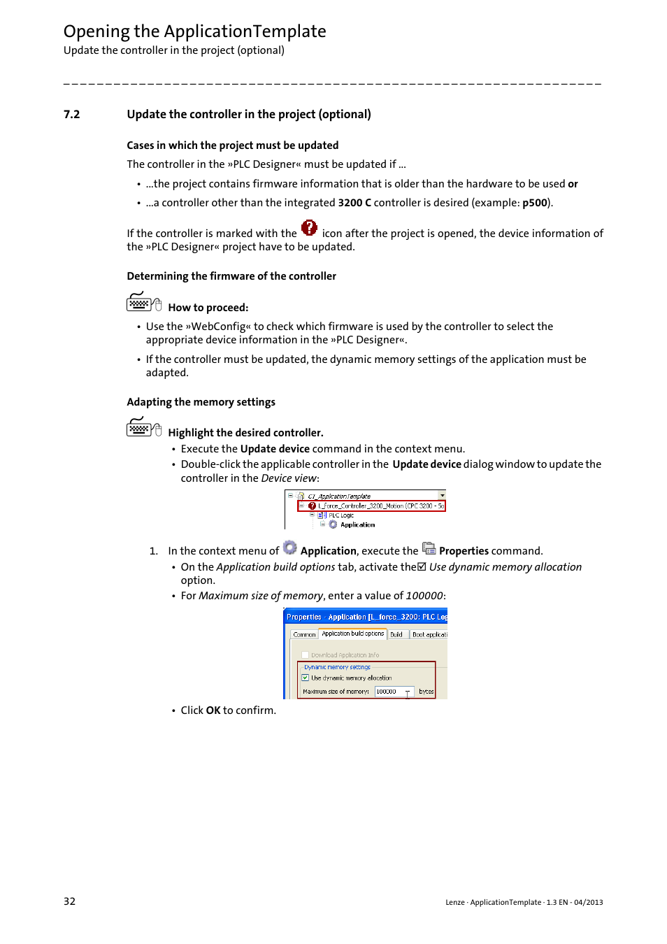2 update the controller in the project (optional), Update the controller in the project (optional), Opening the applicationtemplate | Lenze PLC Designer ApplicationTemplate (PLC Designer R3-x) User Manual | Page 32 / 177