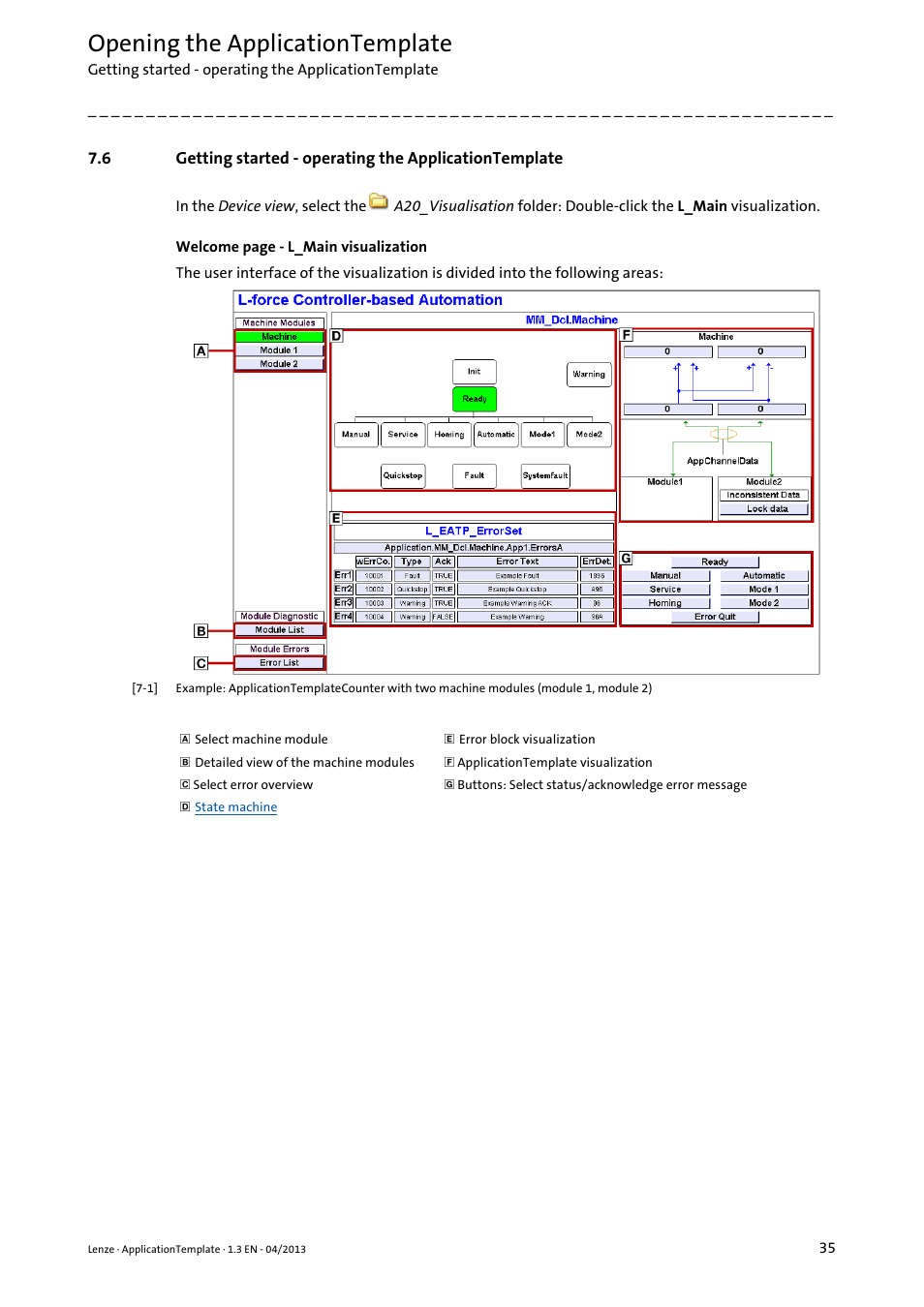 Getting started - operating the, Applicationtemplate ( 35), Opening the applicationtemplate | Lenze PLC Designer ApplicationTemplate (PLC Designer R3-x) User Manual | Page 35 / 177