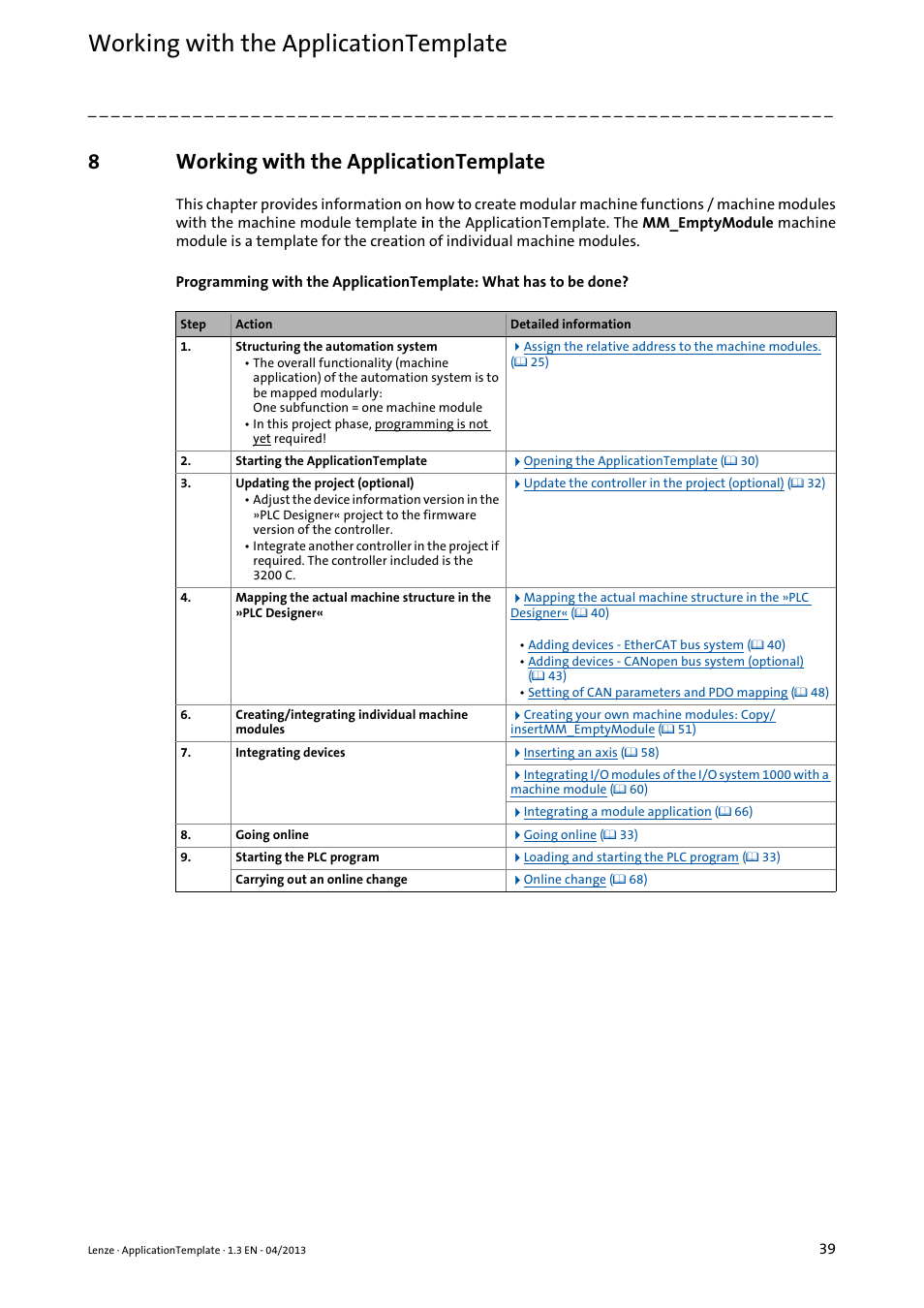 8 working with the applicationtemplate, Working with the applicationtemplate, 8working with the applicationtemplate | Lenze PLC Designer ApplicationTemplate (PLC Designer R3-x) User Manual | Page 39 / 177