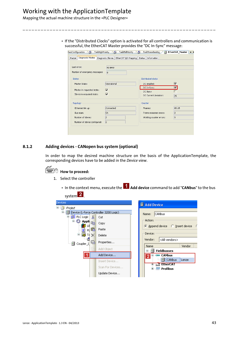 2 adding devices - canopen bus system (optional), Adding devices - canopen bus system (optional), Working with the applicationtemplate | Lenze PLC Designer ApplicationTemplate (PLC Designer R3-x) User Manual | Page 43 / 177