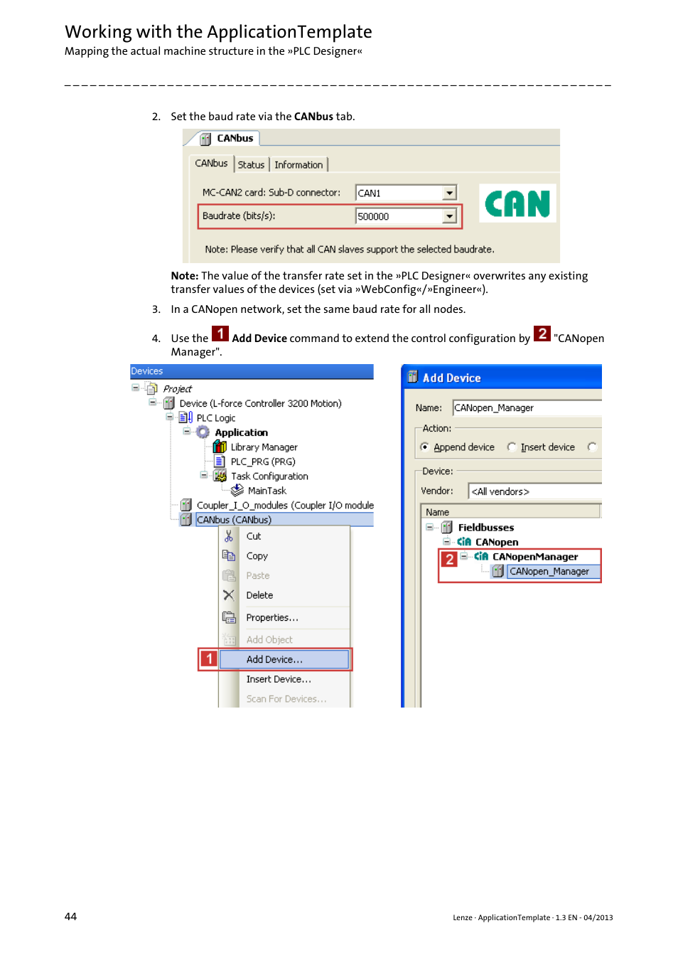 Working with the applicationtemplate | Lenze PLC Designer ApplicationTemplate (PLC Designer R3-x) User Manual | Page 44 / 177