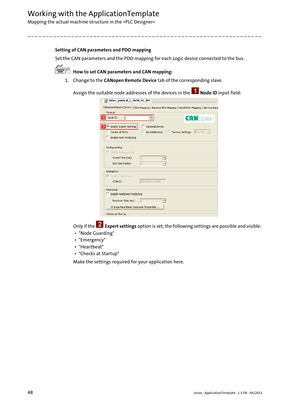 Setting of can parameters and pdo mapping ( 48), Working with the applicationtemplate | Lenze PLC Designer ApplicationTemplate (PLC Designer R3-x) User Manual | Page 48 / 177