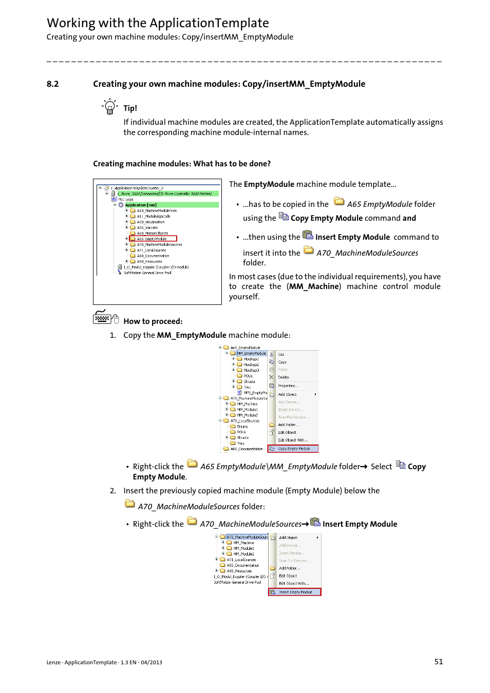 Creating your own machine modules: copy/insert mm, Creating your own machine modules: copy, Insertmm_emptymodule | Dules, Creating your own machine, Modules: copy/insertmm_emptymodule ( 51), Insertmm_emptymodule ( 51), Working with the applicationtemplate | Lenze PLC Designer ApplicationTemplate (PLC Designer R3-x) User Manual | Page 51 / 177