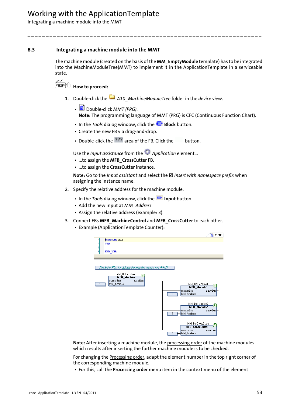 3 integrating a machine module into the mmt, Integrating a machine module into the mmt, Working with the applicationtemplate | Lenze PLC Designer ApplicationTemplate (PLC Designer R3-x) User Manual | Page 53 / 177