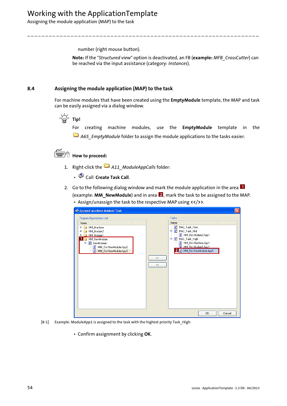 Assigning the module application (map) to the task, Working with the applicationtemplate | Lenze PLC Designer ApplicationTemplate (PLC Designer R3-x) User Manual | Page 54 / 177