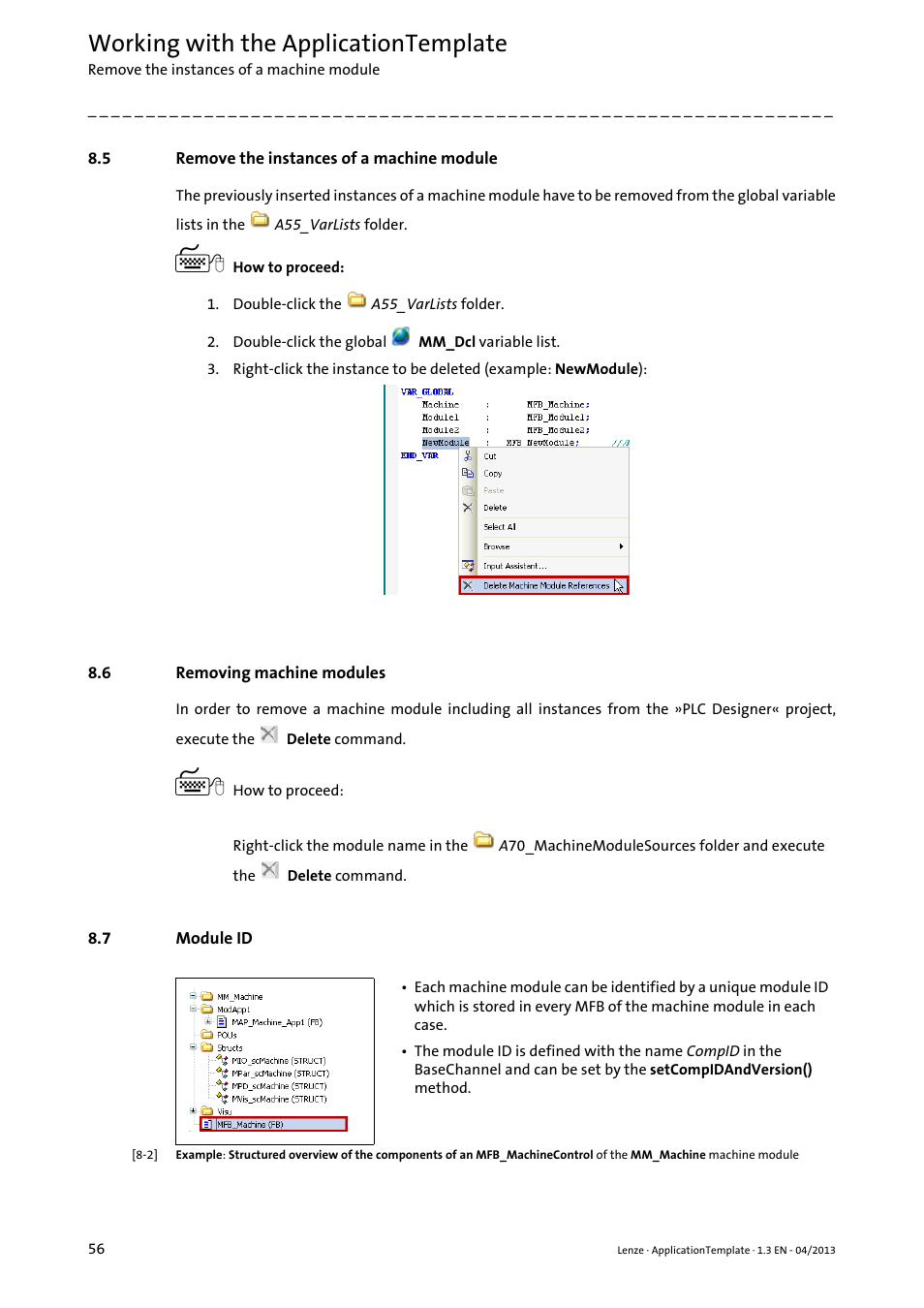 5 remove the instances of a machine module, 6 removing machine modules, 7 module id | Remove the instances of a machine module, Removing machine modules, Module id, Working with the applicationtemplate | Lenze PLC Designer ApplicationTemplate (PLC Designer R3-x) User Manual | Page 56 / 177