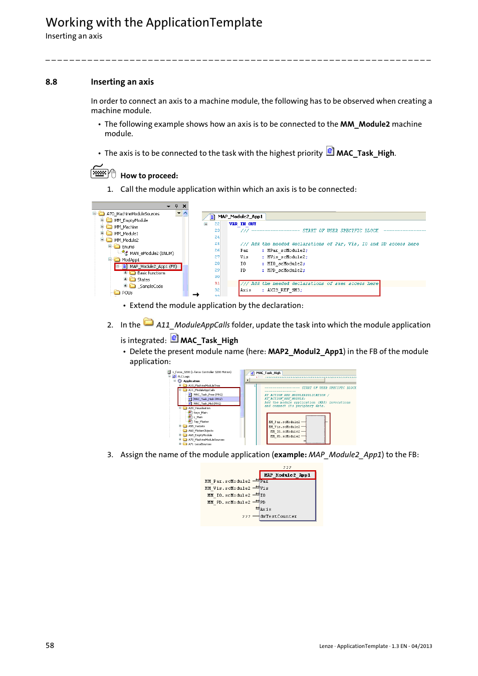 8 inserting an axis, Inserting an axis, Inserting an axis ( 58) | Working with the applicationtemplate | Lenze PLC Designer ApplicationTemplate (PLC Designer R3-x) User Manual | Page 58 / 177