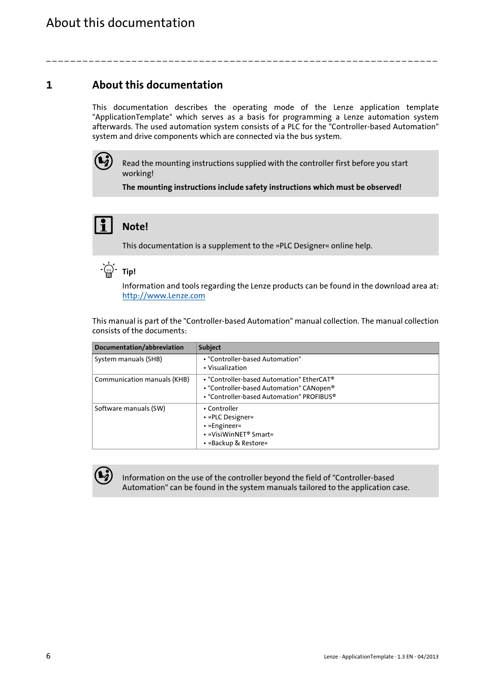 1 about this documentation, About this documentation, 1about this documentation | Lenze PLC Designer ApplicationTemplate (PLC Designer R3-x) User Manual | Page 6 / 177