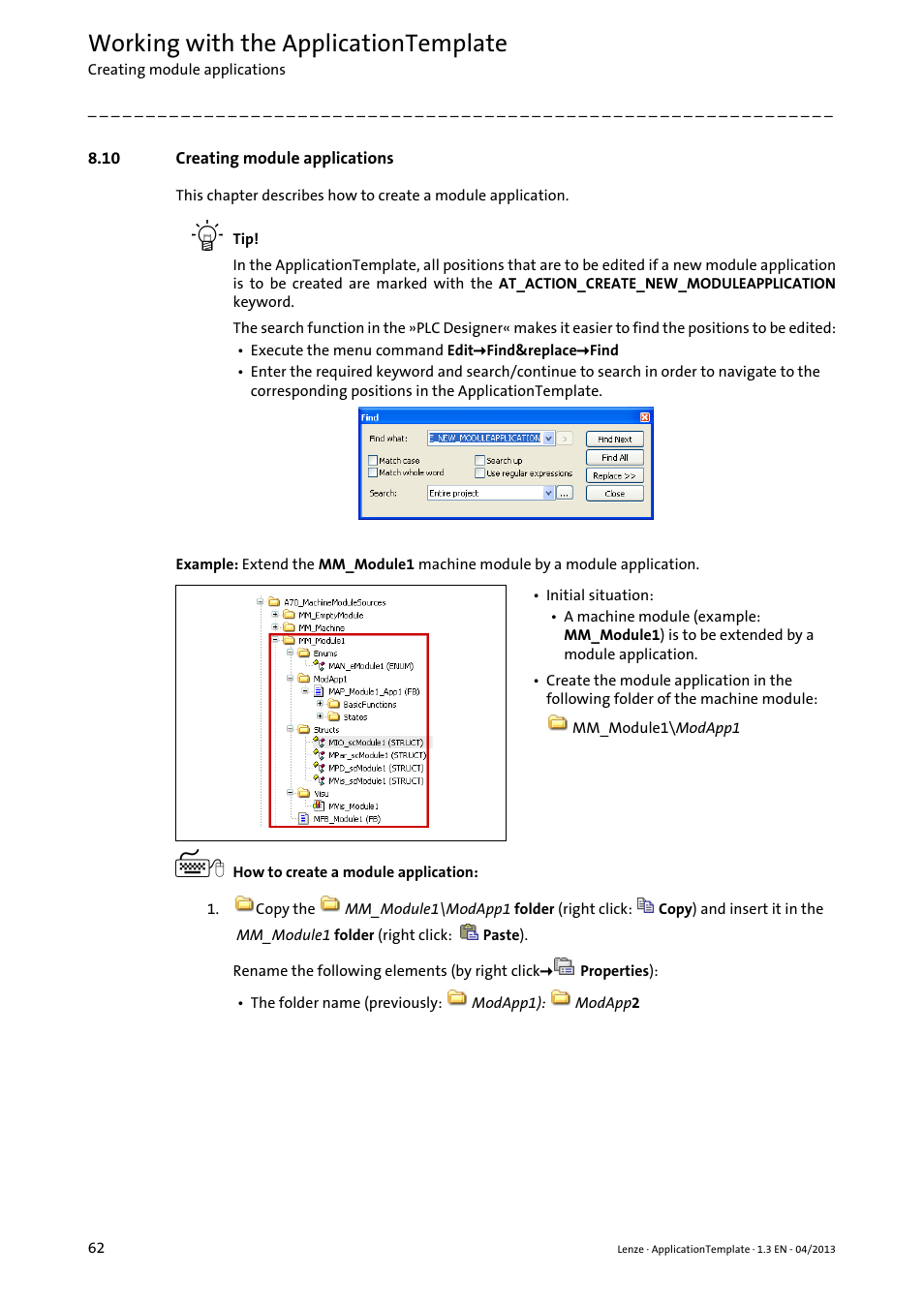 10 creating module applications, Creating module applications, Working with the applicationtemplate | Lenze PLC Designer ApplicationTemplate (PLC Designer R3-x) User Manual | Page 62 / 177