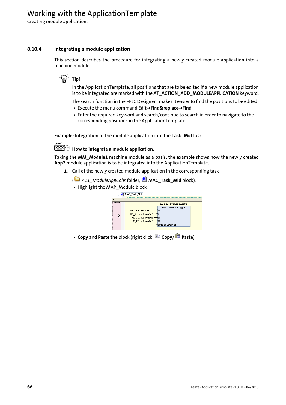 4 integrating a module application, Integrating a module application ( 66), Working with the applicationtemplate | Lenze PLC Designer ApplicationTemplate (PLC Designer R3-x) User Manual | Page 66 / 177