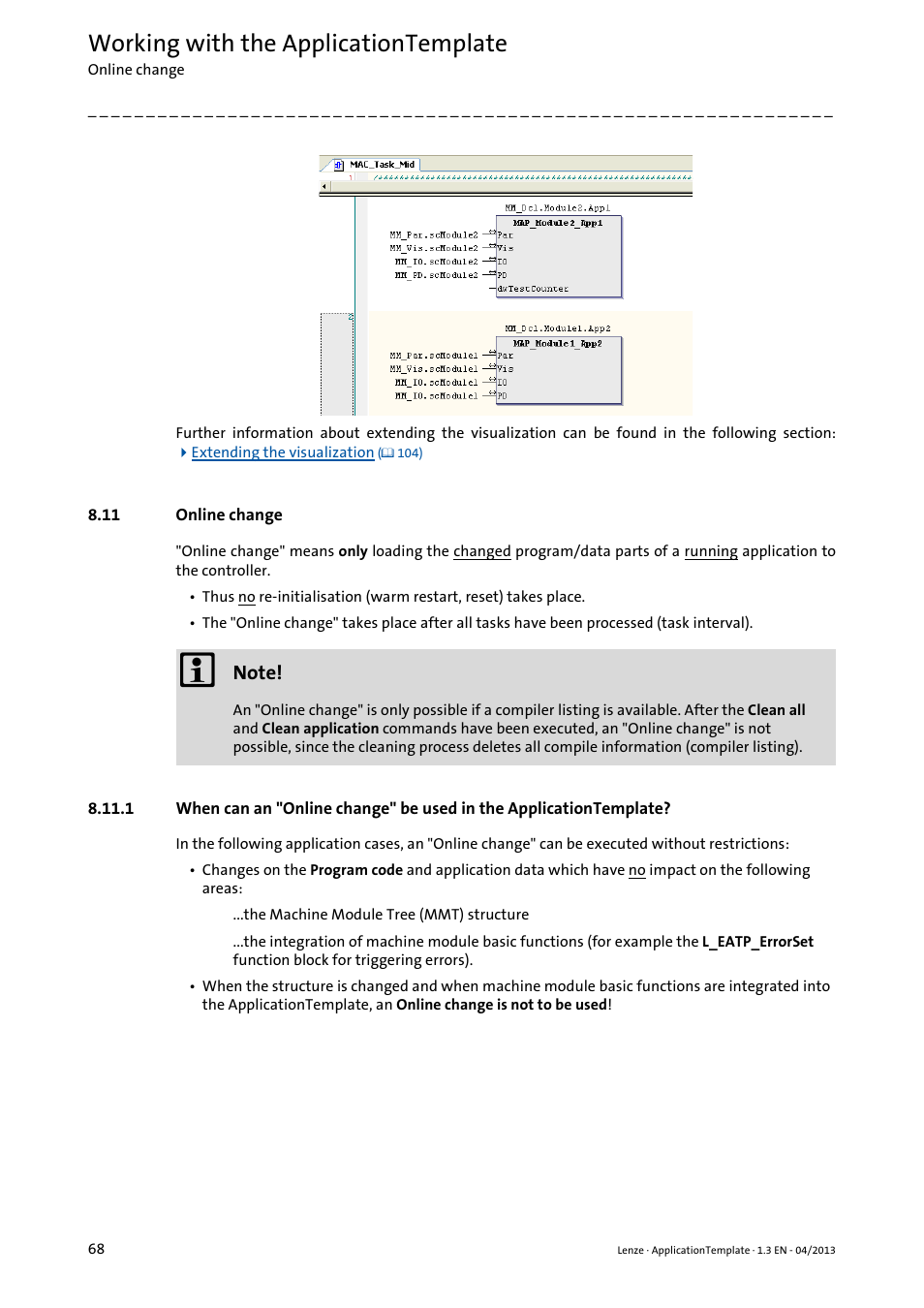 11 online change, Online change ( 68), Working with the applicationtemplate | Lenze PLC Designer ApplicationTemplate (PLC Designer R3-x) User Manual | Page 68 / 177