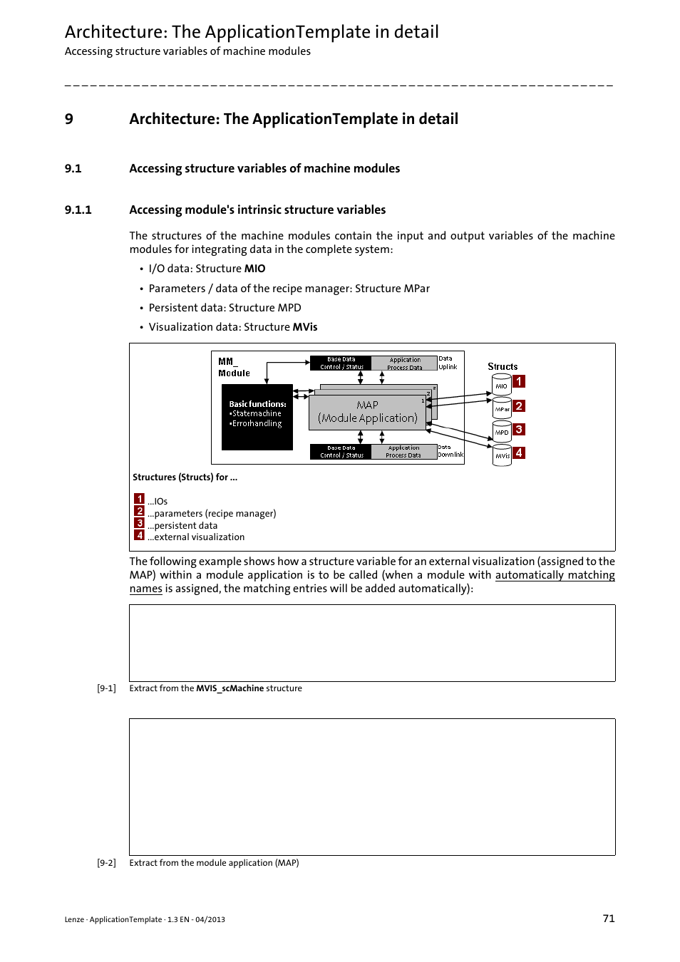 9 architecture: the applicationtemplate in detail, 1 accessing structure variables of machine modules, 1 accessing module's intrinsic structure variables | Architecture: the applicationtemplate in detail, Accessing structure variables of machine modules, Accessing module's intrinsic structure variables, 9architecture: the applicationtemplate in detail | Lenze PLC Designer ApplicationTemplate (PLC Designer R3-x) User Manual | Page 71 / 177