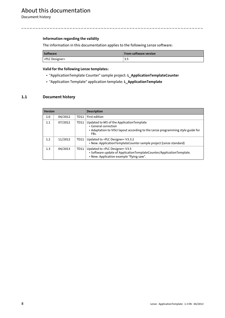 1 document history, Document history, About this documentation | Lenze PLC Designer ApplicationTemplate (PLC Designer R3-x) User Manual | Page 8 / 177