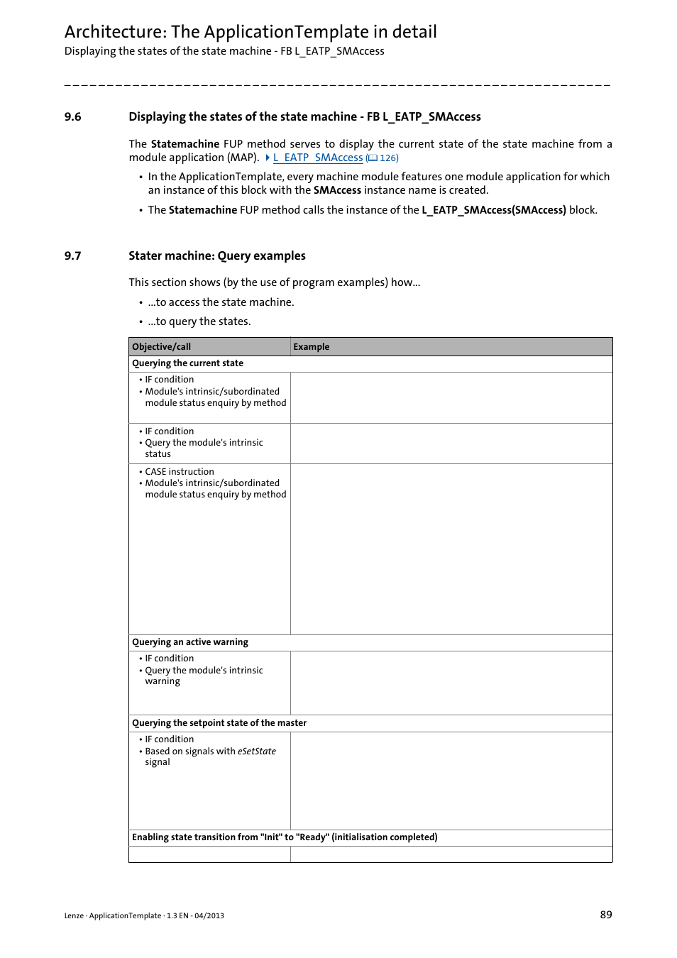 7 stater machine: query examples, Stater machine: query examples, Architecture: the applicationtemplate in detail | Lenze PLC Designer ApplicationTemplate (PLC Designer R3-x) User Manual | Page 89 / 177