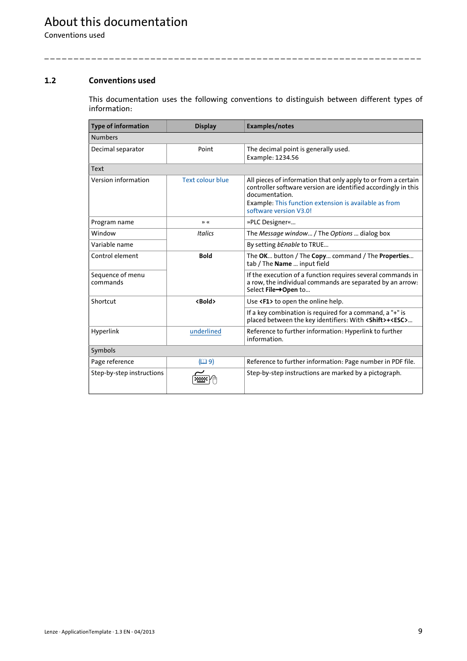 2 conventions used, Conventions used, About this documentation | Lenze PLC Designer ApplicationTemplate (PLC Designer R3-x) User Manual | Page 9 / 177