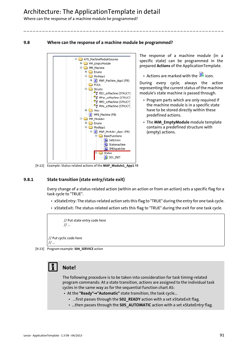 1 state transition (state entry/state exit), State transition (state entry/state exit), Architecture: the applicationtemplate in detail | Lenze PLC Designer ApplicationTemplate (PLC Designer R3-x) User Manual | Page 91 / 177